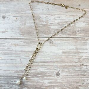 Express Gold Plated Paper clip Chain Triple Y Drop Necklace Genuine Pearl Dangle